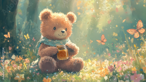 Cute teddy bear holding honey jar while sitting in flower field  