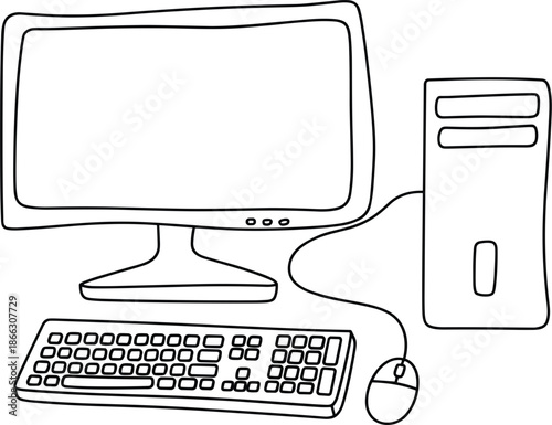 Desktop computer workstation line art illustration with monitor, keyboard, mouse, and CPU tower unit
