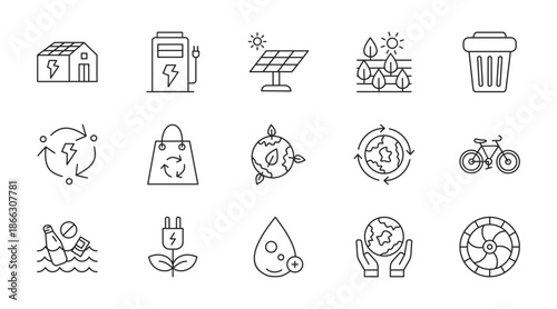 Green energy thin line icon set. Containing green house, ev station, solar panel, planting, recycling