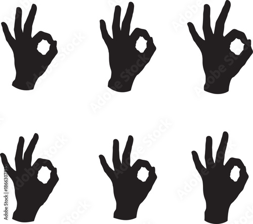 Six black hand silhouettes making the okay sign on a white background