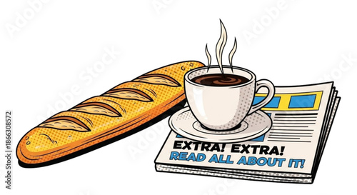 Baguette bread, coffee cup, and newspaper on a table setting  