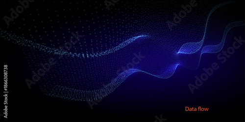 Abstract blue digital wave background with glowing particles and data flow text representing futuristic network connections, high speed internet communication, artificial intelligence and big data