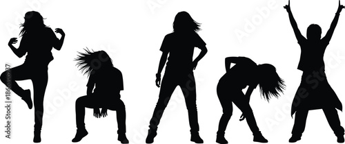 Dancing people silhouette vector set with energetic female dance poses modern music performance illustration isolated