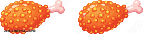 Vector illustration of two crispy fried chicken drumsticks with textured coating and bones in cartoon-style food design.
