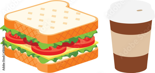 Vector illustration of sandwich with lettuce, tomato, cheese and coffee cup, representing lunch, snack, or café meal concept.