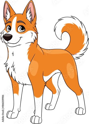 Vector illustration of smiling cartoon dog with orange and white fur, upright ears, bushy tail, and expressive eyes.