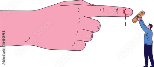 Vector illustration of large hand with bleeding finger and tiny person applying bandage, symbolizing care, first aid, and healing.