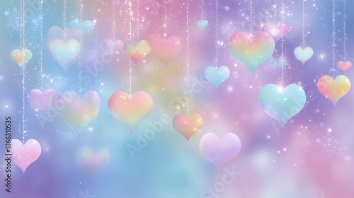 Romantic pastel Valentines Day banner with rainbow hearts