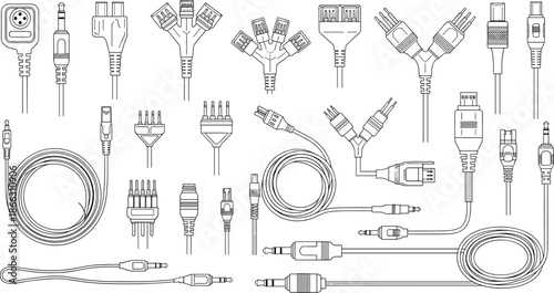 Electronic cable and connector collection showing various plugs adapters and wires technical line illustration isolated vector set for technology design