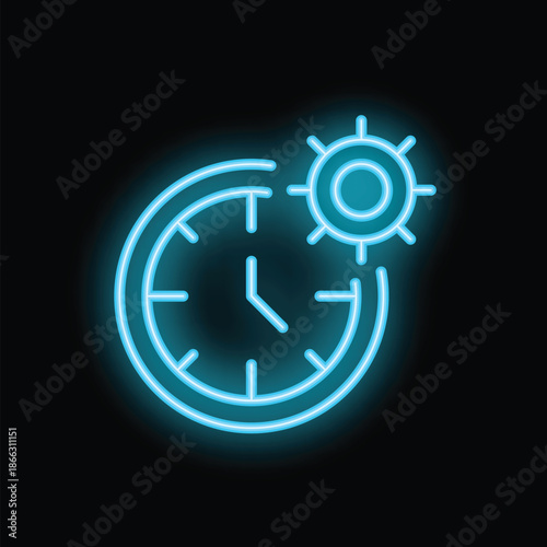 Neon blue icon of a clock with a gear representing working time management