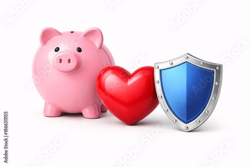 Financial Security Concept: Piggy Bank, Heart, and Shield Symbolizing Savings and Protection