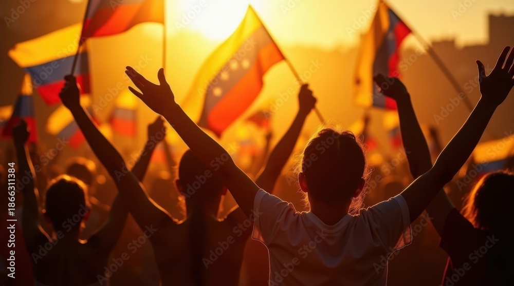 Obraz premium Multitud ondeando banderas venezolanas, siluetas celebrando la unidad