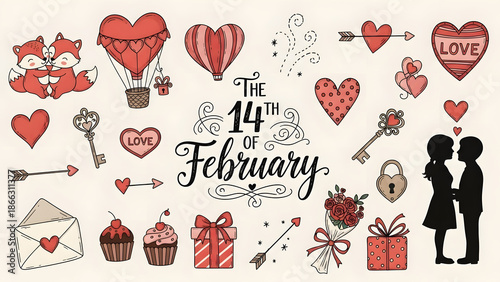 Valentine day set - cute cupid, rabbit, bear, hedgehog, wreath and hearts.  Perfect for scrapbooking, greeting card, party invitation, poster, tag, sticker kit. Vector illustration.