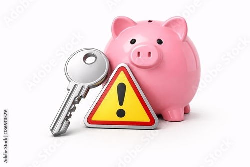 Financial Security Concept with Piggy Bank and Warning Sign