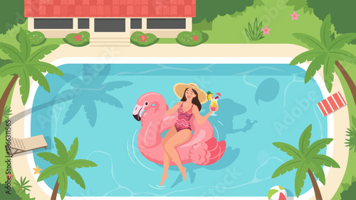 Two People Riding a Pink Flamingo Pool Float.