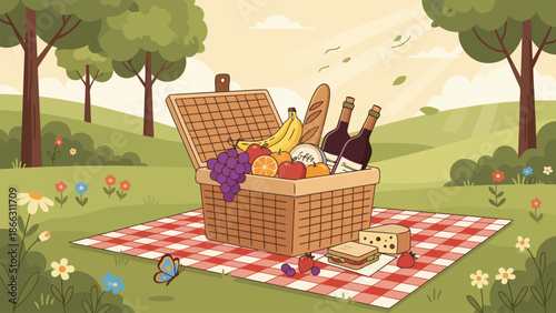 Picnic Basket with Fresh Fruits in Park.