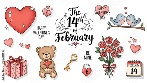 Valentine day set - cute cupid, rabbit, bear, hedgehog, wreath and hearts.  Perfect for scrapbooking, greeting card, party invitation, poster, tag, sticker kit. Vector illustration.