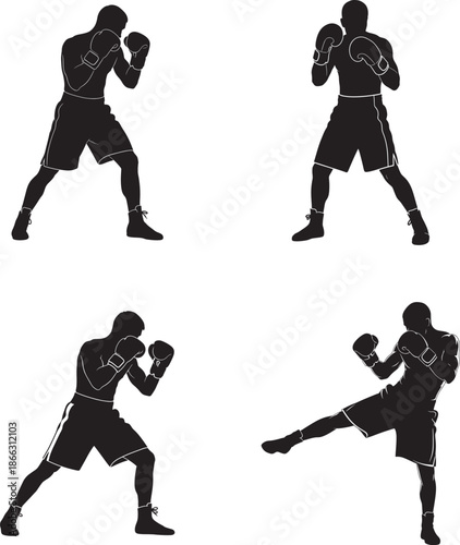 Silhouette of four boxing and kicking stances in black 