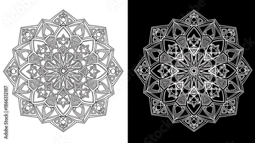Intricate symmetrical geometric mandala pattern in black and white