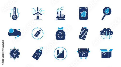 Green energy thin line icon set. Containing high temp, windmill, factory, bio fuel, green search