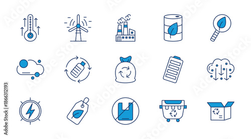 Green energy thin line icon set. Containing high temp, windmill, factory, bio fuel, green search