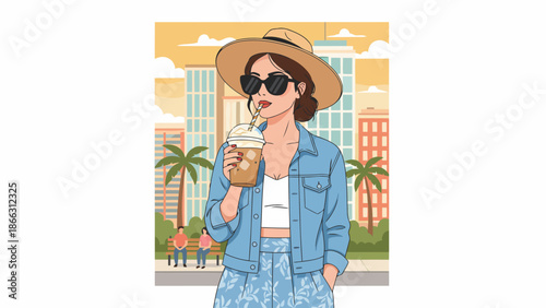 Stylish Woman In Summer Outfit Drinking Beverage.