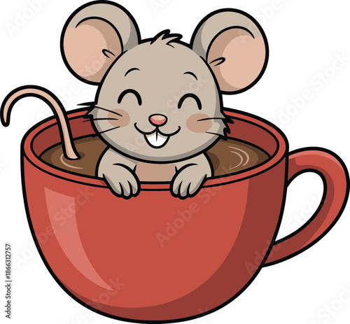 Vector Illustration of a Cute Happy Mouse Character Sitting Inside a Large Red Coffee Cup for Morning Concept
