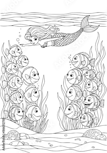 Mermaid at the fish symposium. coloring book