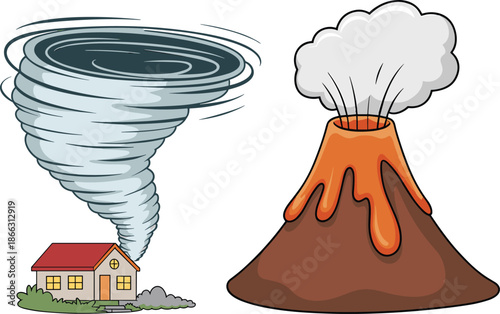 Vector Illustration Set of a Powerful Tornado Destroying a House and an Erupting Volcano for Natural Disaster Concepts