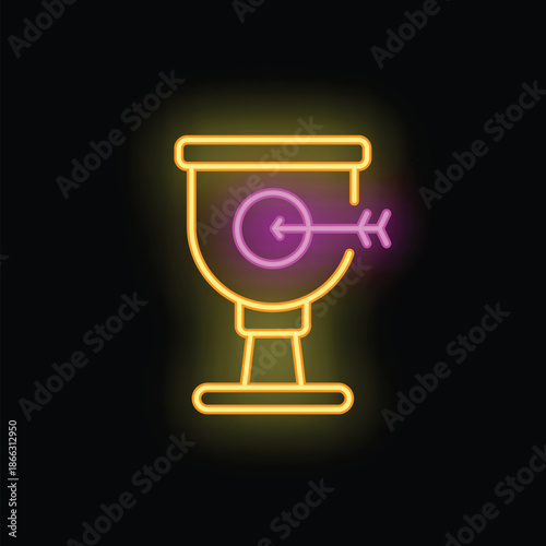 Glowing neon icon of a grail with an arrow hitting the center of a target, representing reaching goals and finding solutions