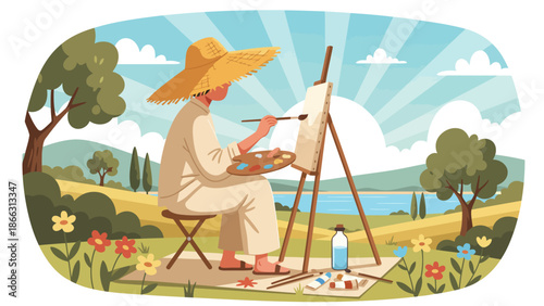 Outdoor Painter Portrait At Easel Painting A Landscape.