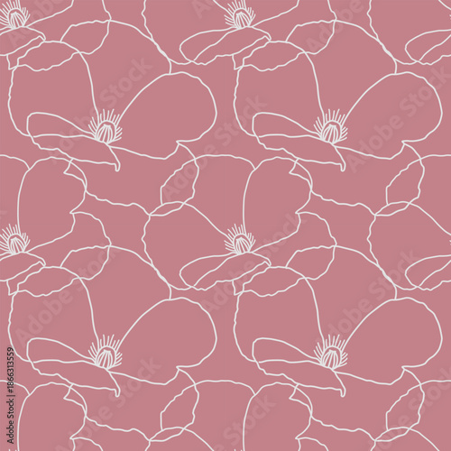 Seamless vector pattern featuring delicate line-art poppy blooms on a dusty rose background. Symbolizes femininity, peace, and botanical elegance.