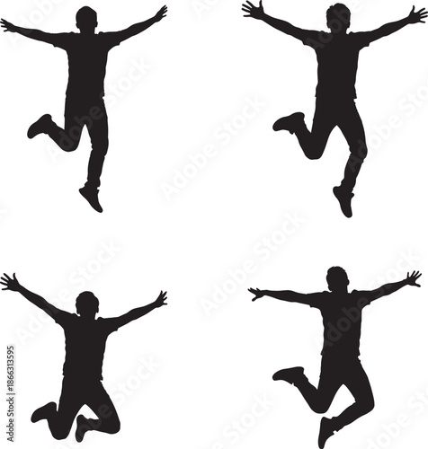 Four black silhouettes of a person jumping in different poses