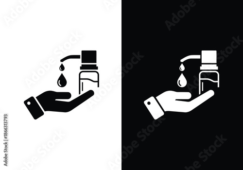 A simple icon depicting hand hygiene by applying liquid from a dispenser to a hand