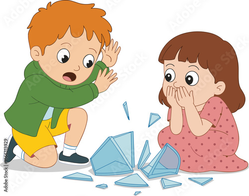 Vector Illustration of Two Shocked Children Looking at a Broken Glass Vase on the Floor for Safety Concept
