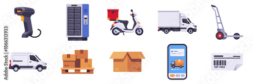 Delivery service icon set with vehicles parcels tracking tools, isolated flat style vector illustrations