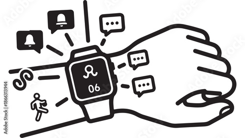 Stylized Black and White Icon of Smartwatch with Notifications