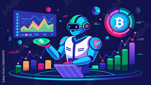 Flat vector illustration of a futuristic robot interacting with holographic crypto price charts and Bitcoin icons, smart automated trading concept, blue and neon green tones.