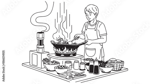 Black and White Line Art Illustration of Person Cooking in Wok