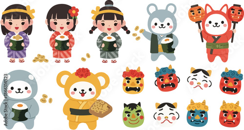 Cute Japanese New Year Mascot Characters Set with Traditional Festival Costume and Lucky Symbols