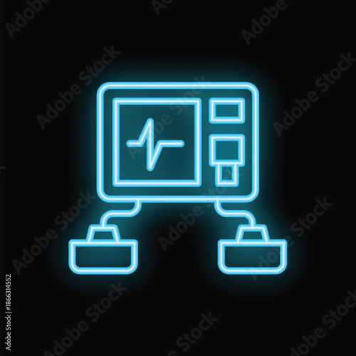 Blue glowing neon line medical life support system icon isolated on black background