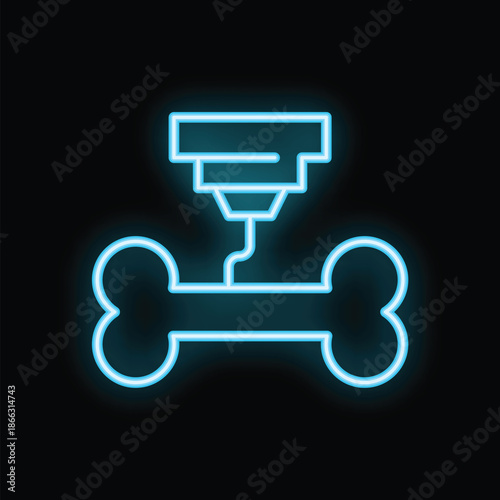Blue neon icon of a 3d printer creating a bone prosthesis, representing medical advancements in bone regeneration