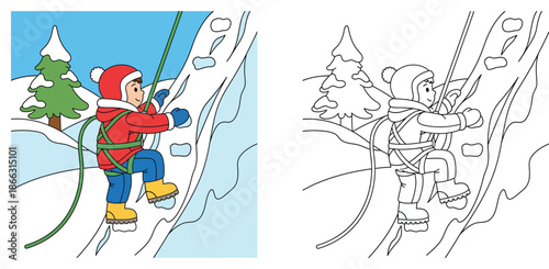 Cartoon Kid Rock Climbing with Safety Rope - Adventure Sports and Outdoor Activity