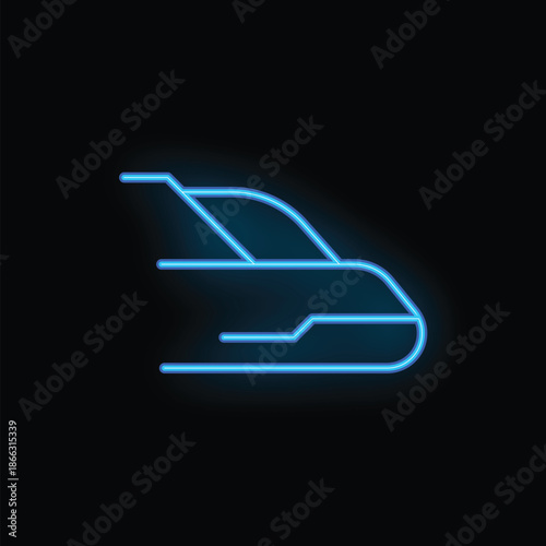 Blue neon icon of a train quickly moving left to right on a black background