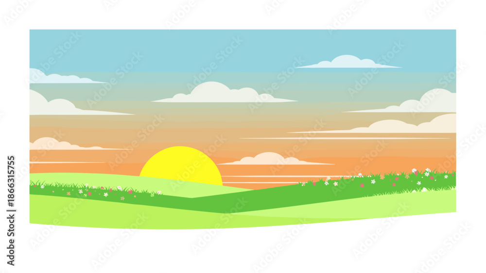 Obraz premium Serene Sunrise Landscape Vector Illustration. Colorful Meadow with Flowers and Rolling Hills at Dawn. Scenic Nature Background, isolated on transparent background.