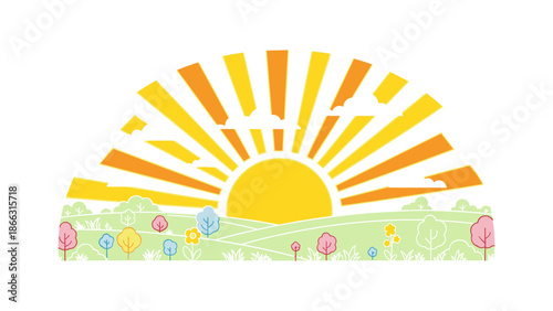 Sunny Landscape Vector Illustration. Happy Spring Meadow with Rising Sun and Clouds isolated on transparent background. Colorful Cartoon Style Design Element.