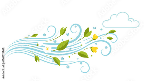 Gentle Breeze Vector Illustration: Spring Flowers and Leaves Flowing with Air, Isolated on Transparent Background. Serene, Eco-Friendly Design for Nature-Themed Projects.