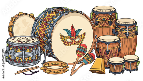 Cartoon Carnival Percussion Instruments: Samba Drums, Maracas, Cowbell, Tambourine, Mask, Colorful and Festive. Vector illustration isolated on transparent background.
