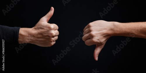 Contrasting thumbs: positive and negative hand gestures on black background
