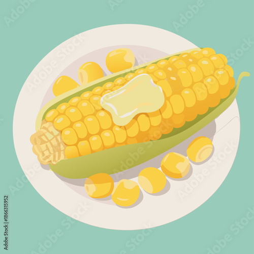 A delicious ear of corn with butter on a plate.